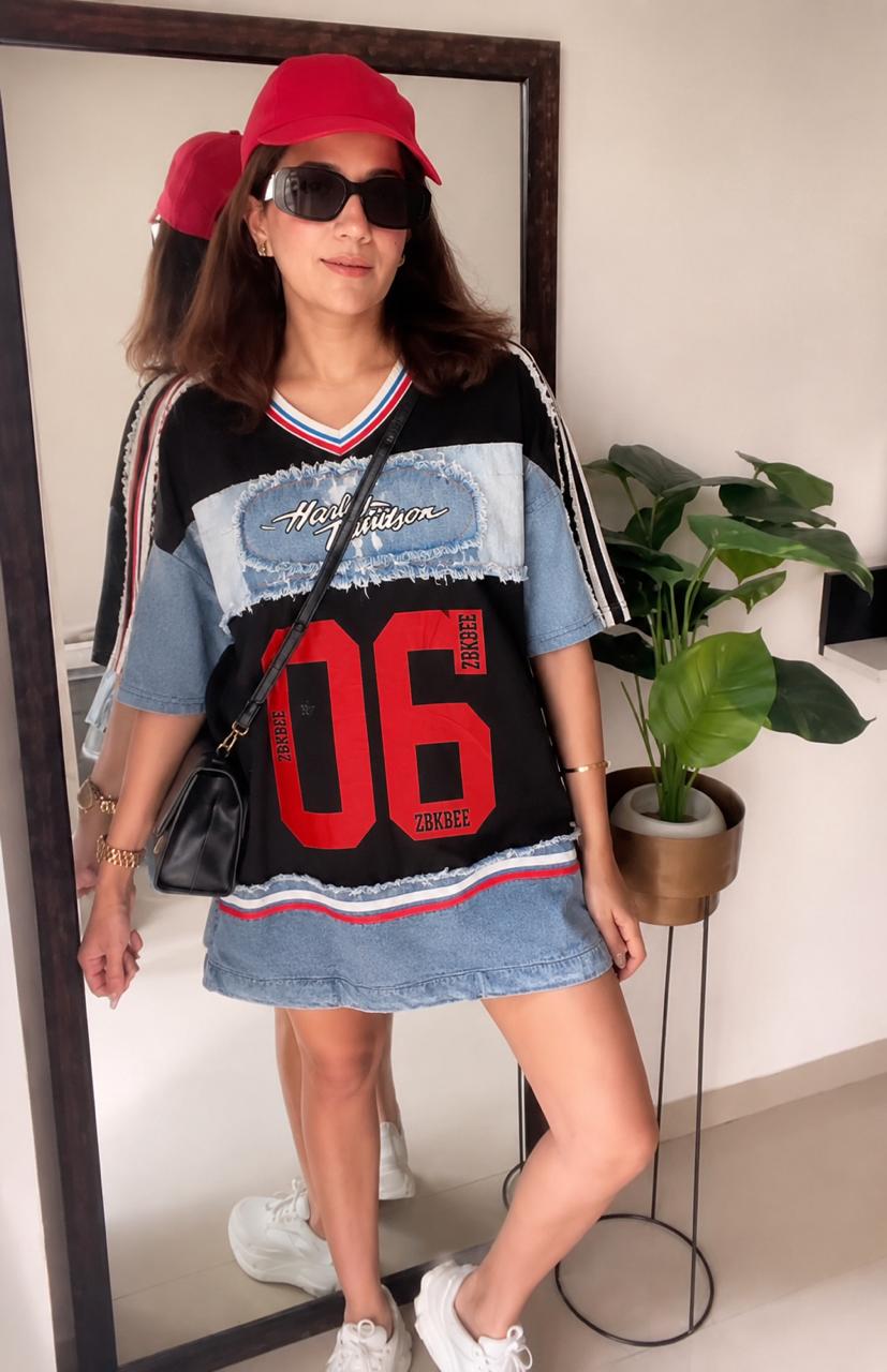 Oversized Patchwork Denim T-Shirt Dress