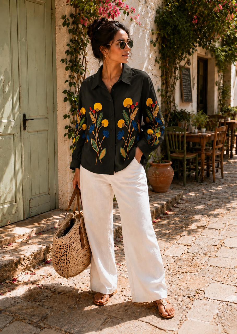 Floral Embroidered Relaxed Button-Down Shirt