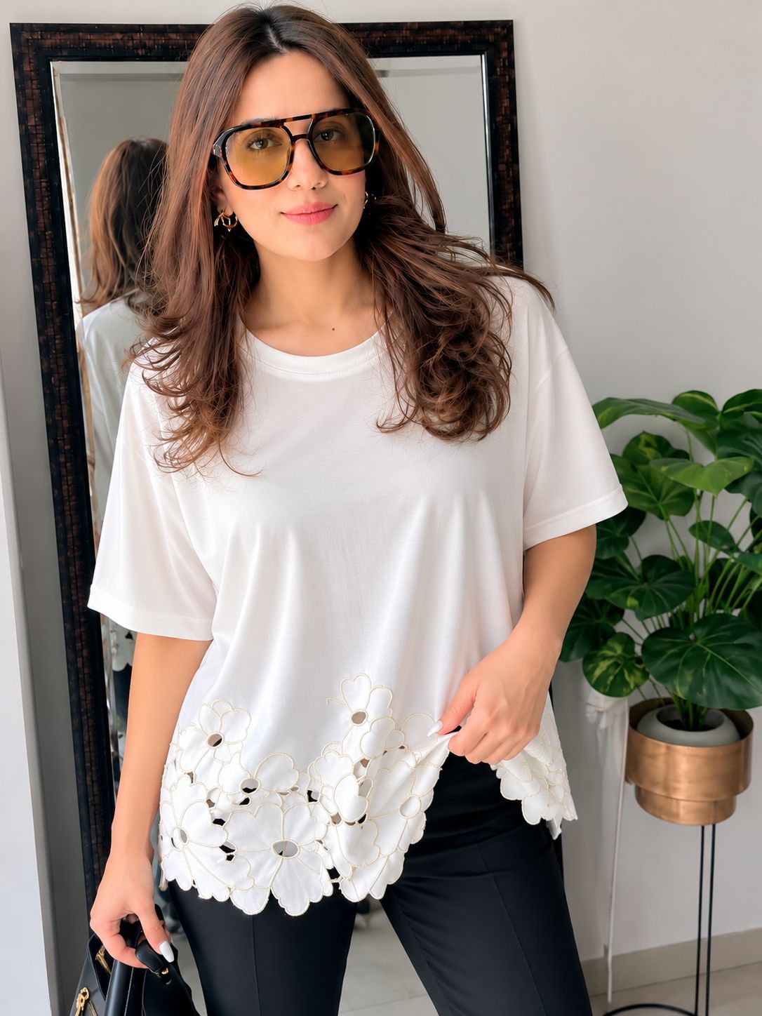 Floral Cutwork Hem Top
