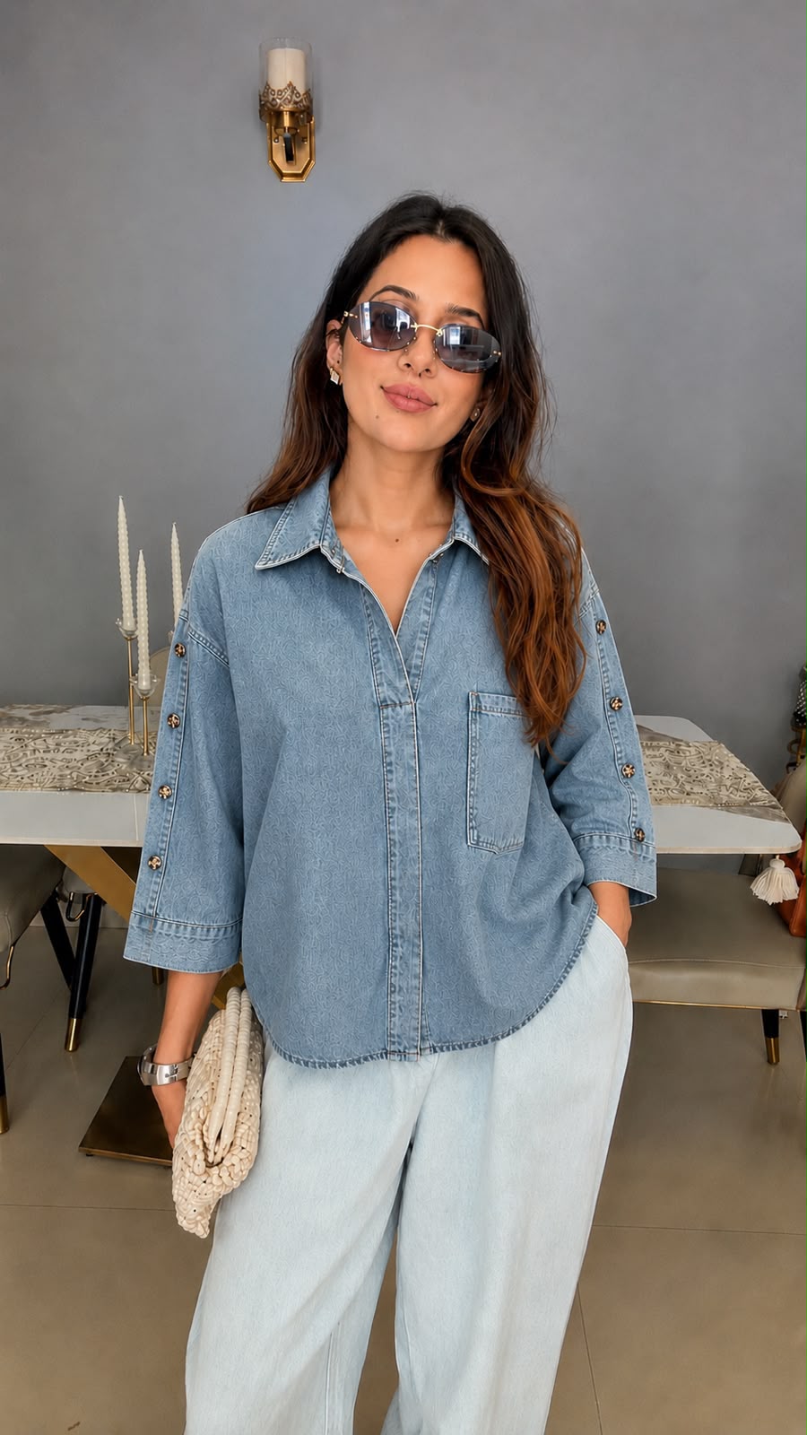 Washed Denim Oversized Shirt with Studded Sleeves
