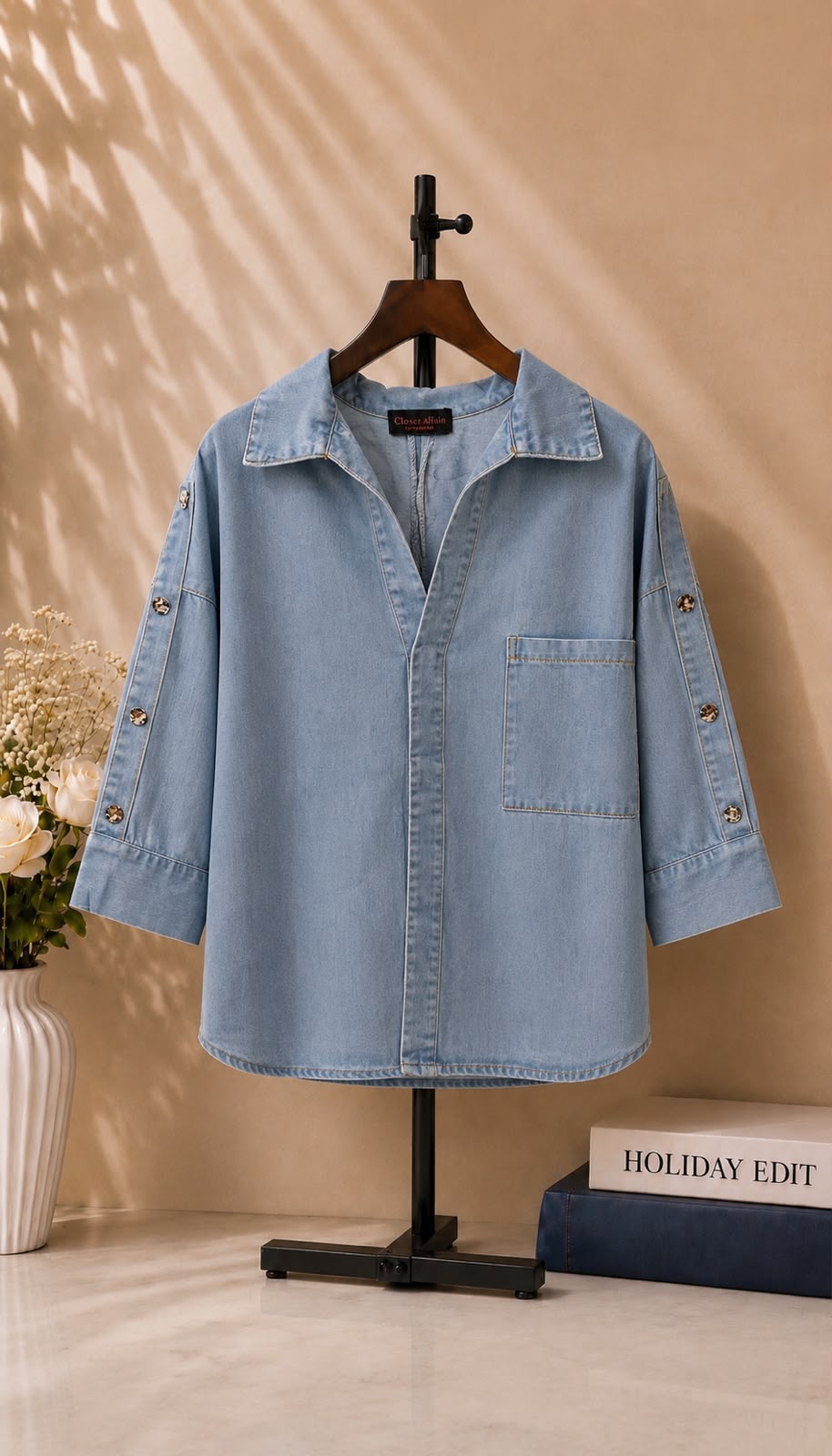 Washed Denim Oversized Shirt with Studded Sleeves