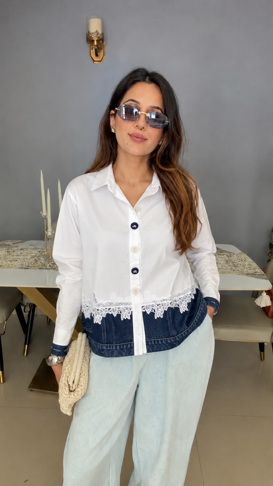 Lace Trim Denim Contrast Shirt