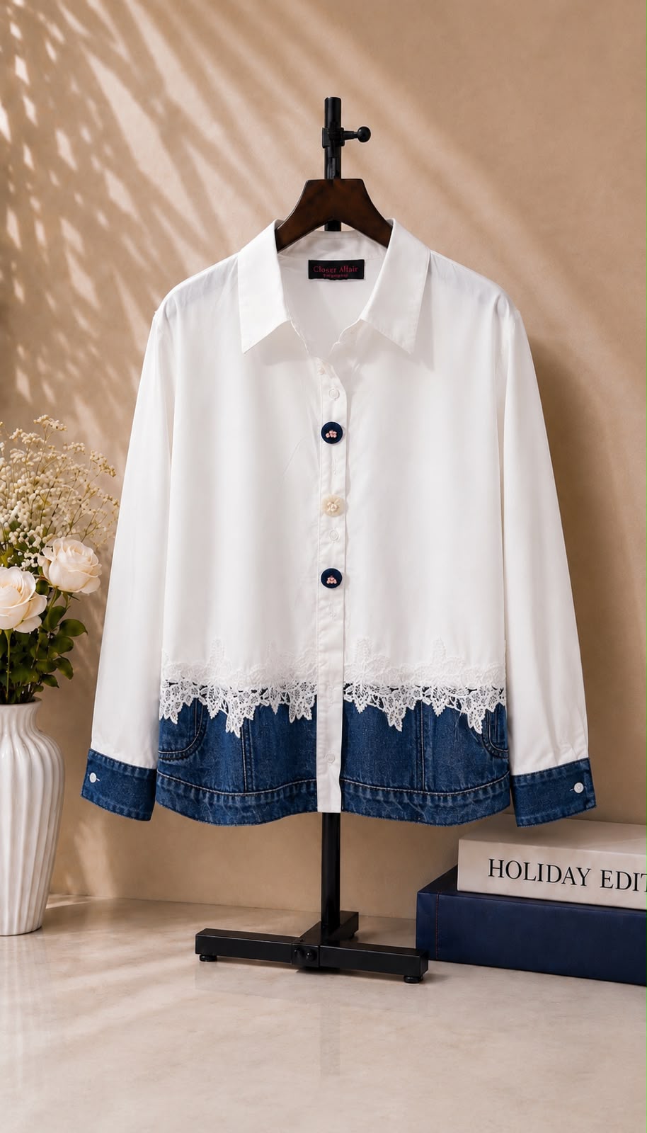 Lace Trim Denim Contrast Shirt