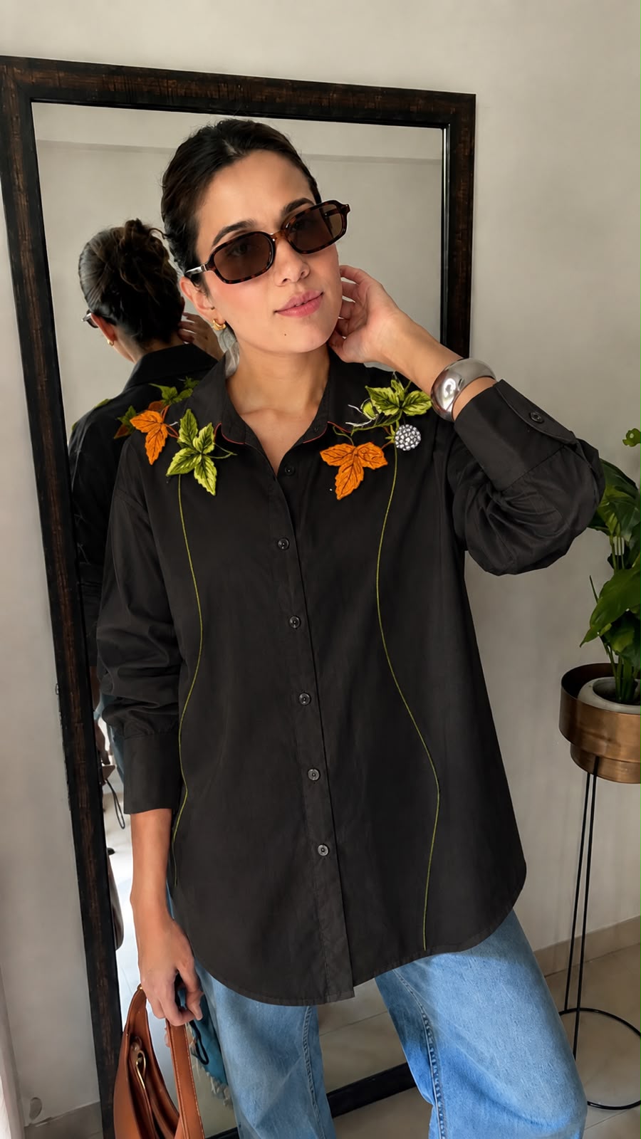 Botanical Appliqué Oversized Cotton Shirt