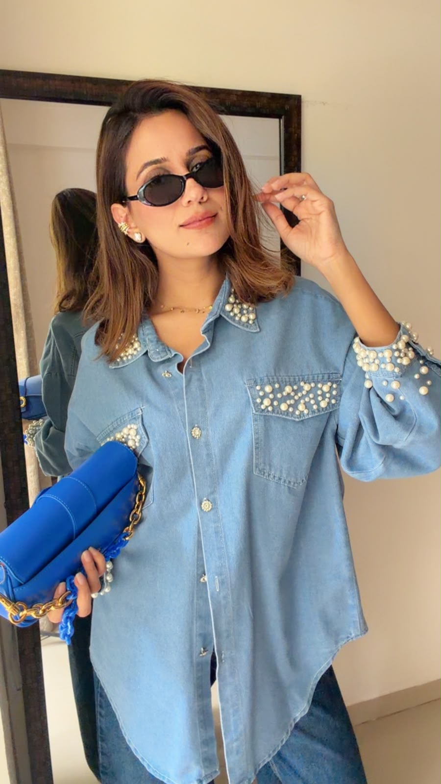 Pearl Embellished Denim Shirt