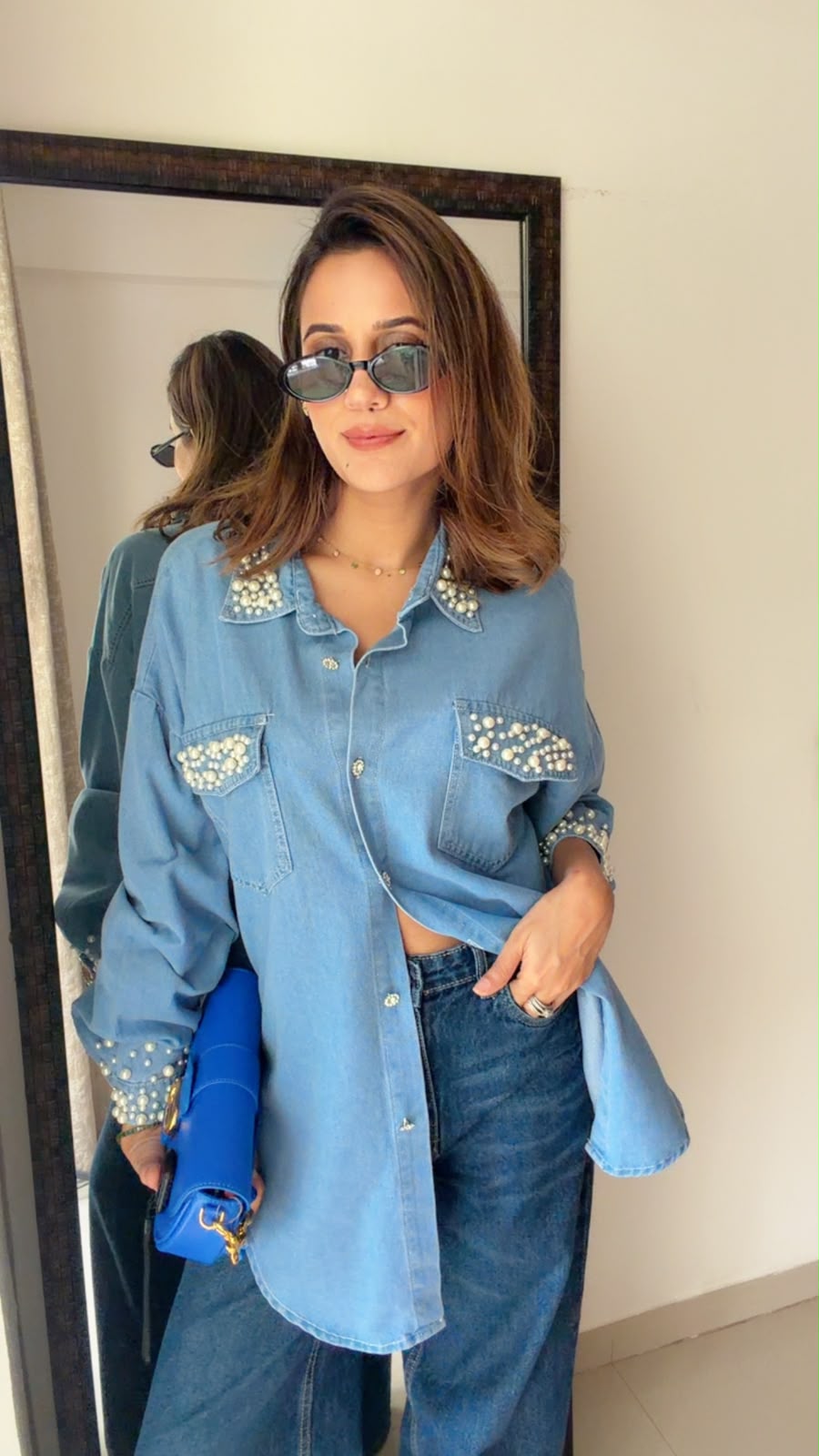 Pearl Embellished Denim Shirt