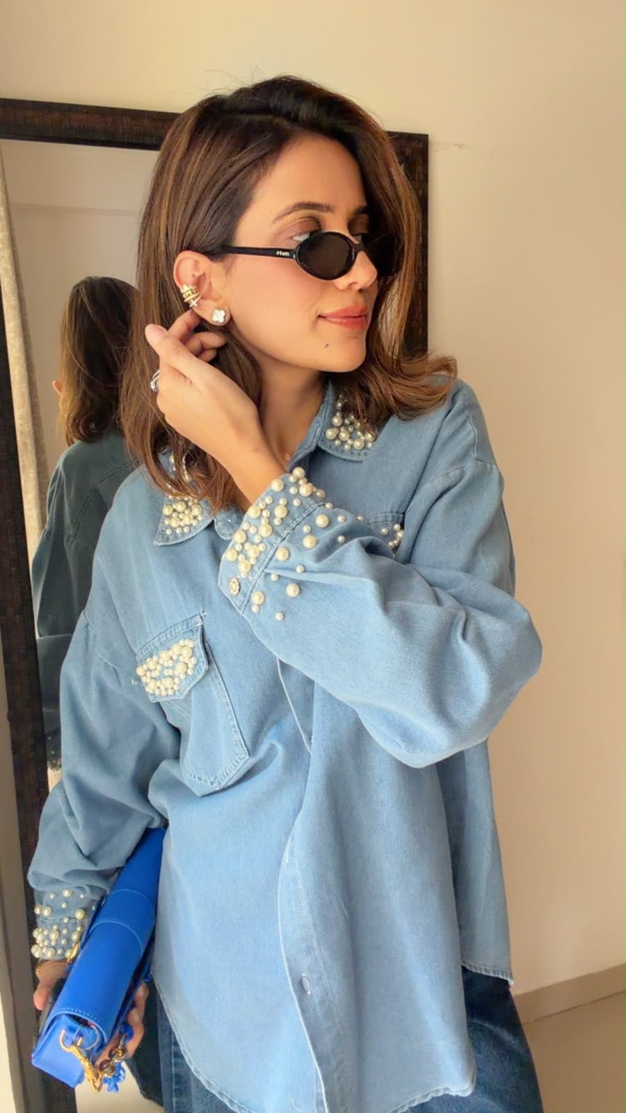 Pearl Embellished Denim Shirt