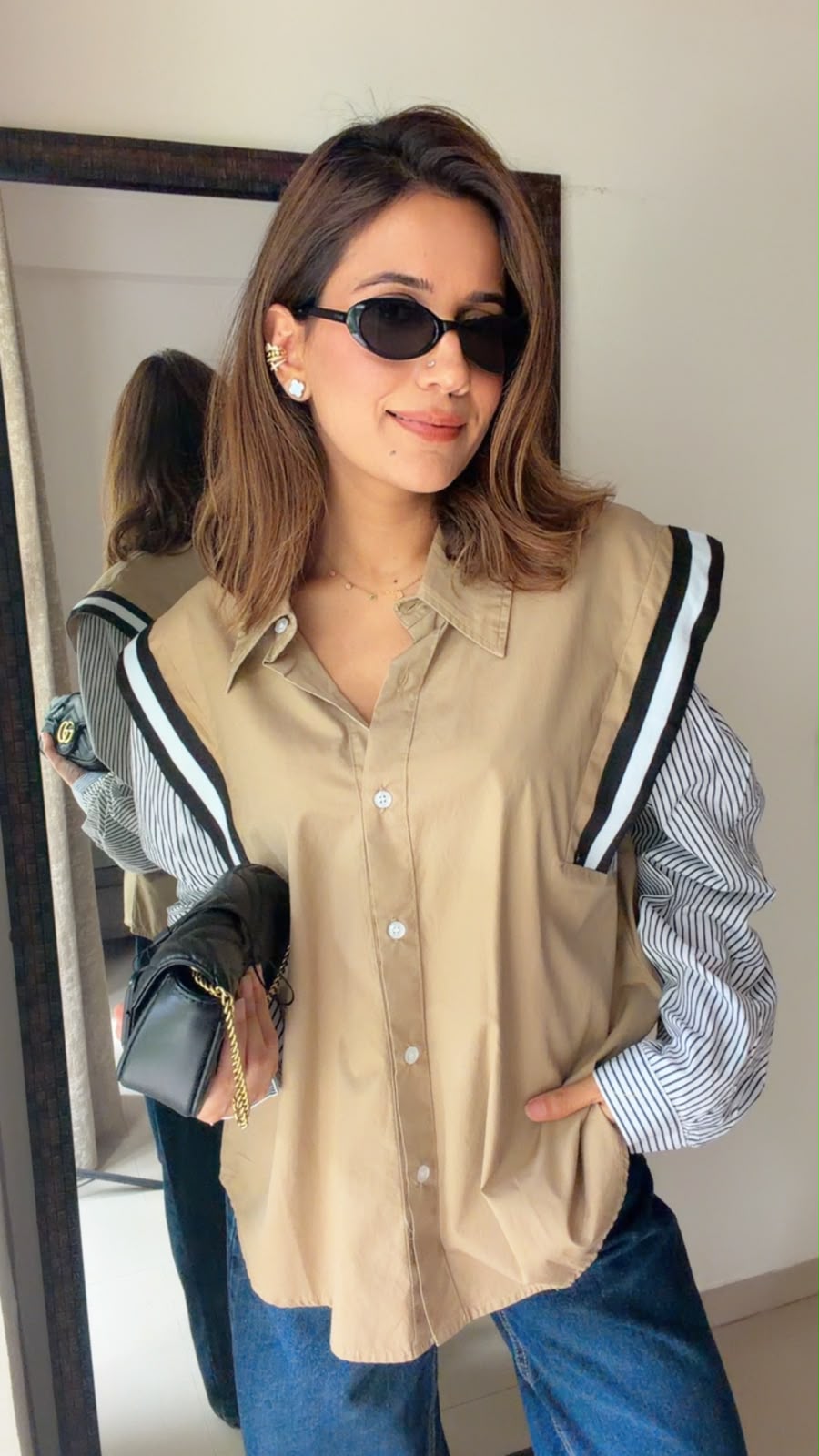 Ruffle Detail Contrast Sleeve Cotton Shirt