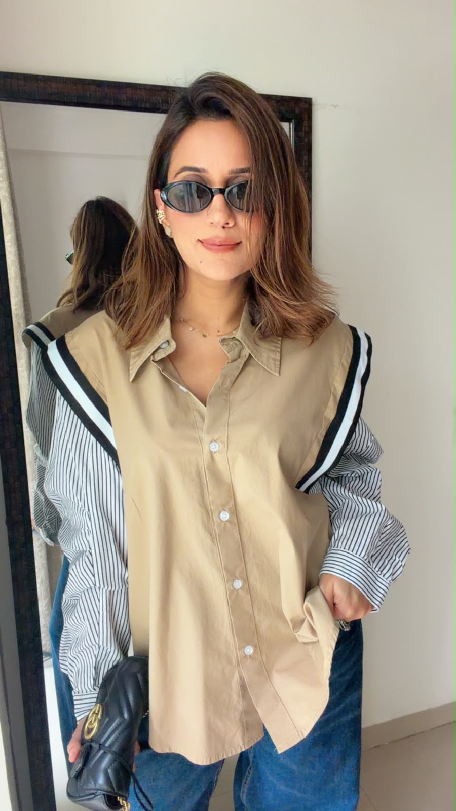 Ruffle Detail Contrast Sleeve Cotton Shirt