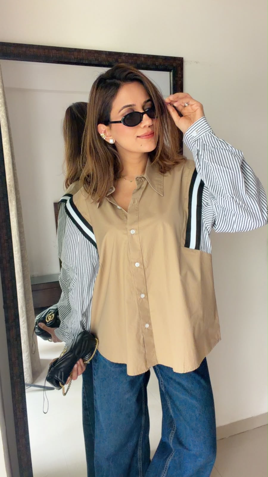 Ruffle Detail Contrast Sleeve Cotton Shirt