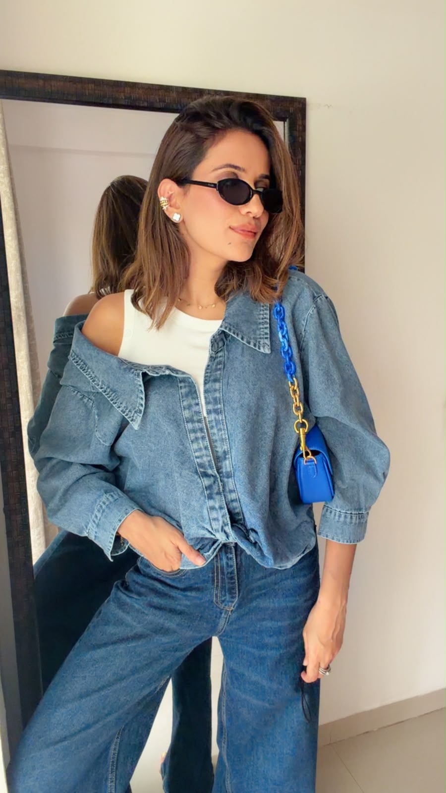 2-Piece Denim Shirt & Sleeveless Inner Set