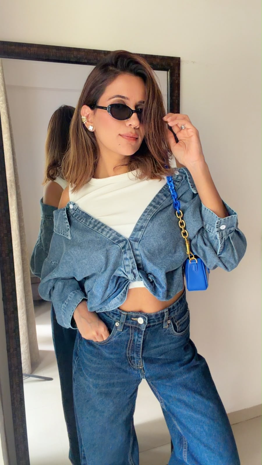 2-Piece Denim Shirt & Sleeveless Inner Set