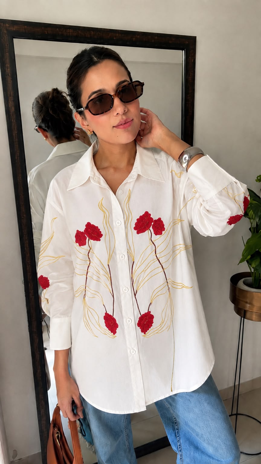 Floral Embroidered Oversized Cotton Shirt