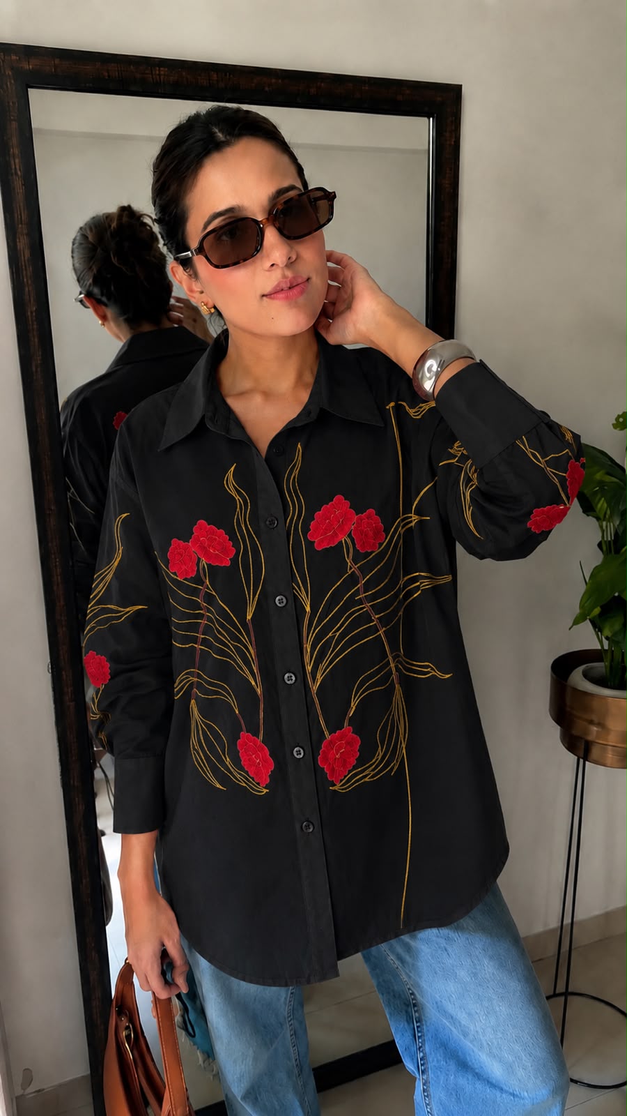 Floral Embroidered Oversized Cotton Shirt