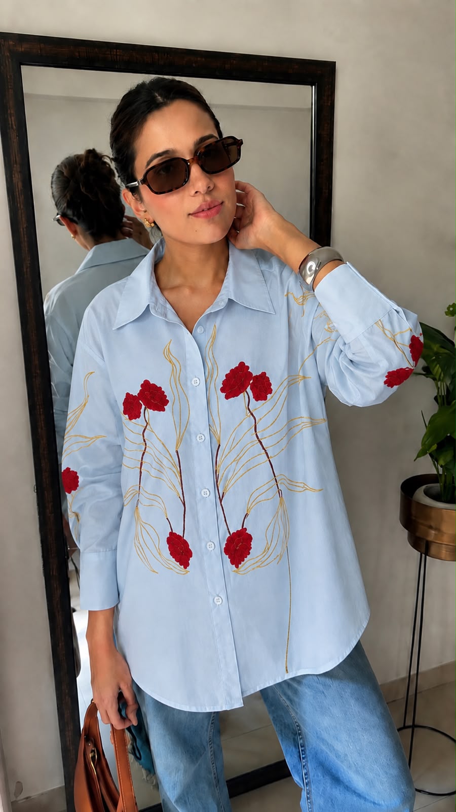 Floral Embroidered Oversized Cotton Shirt