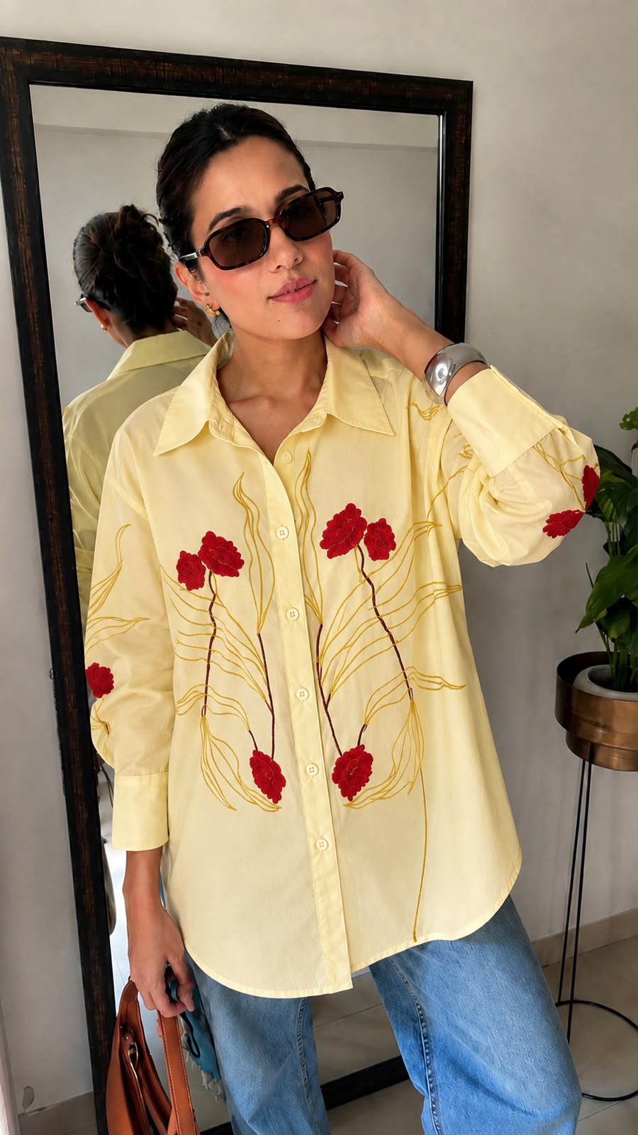 Floral Embroidered Oversized Cotton Shirt