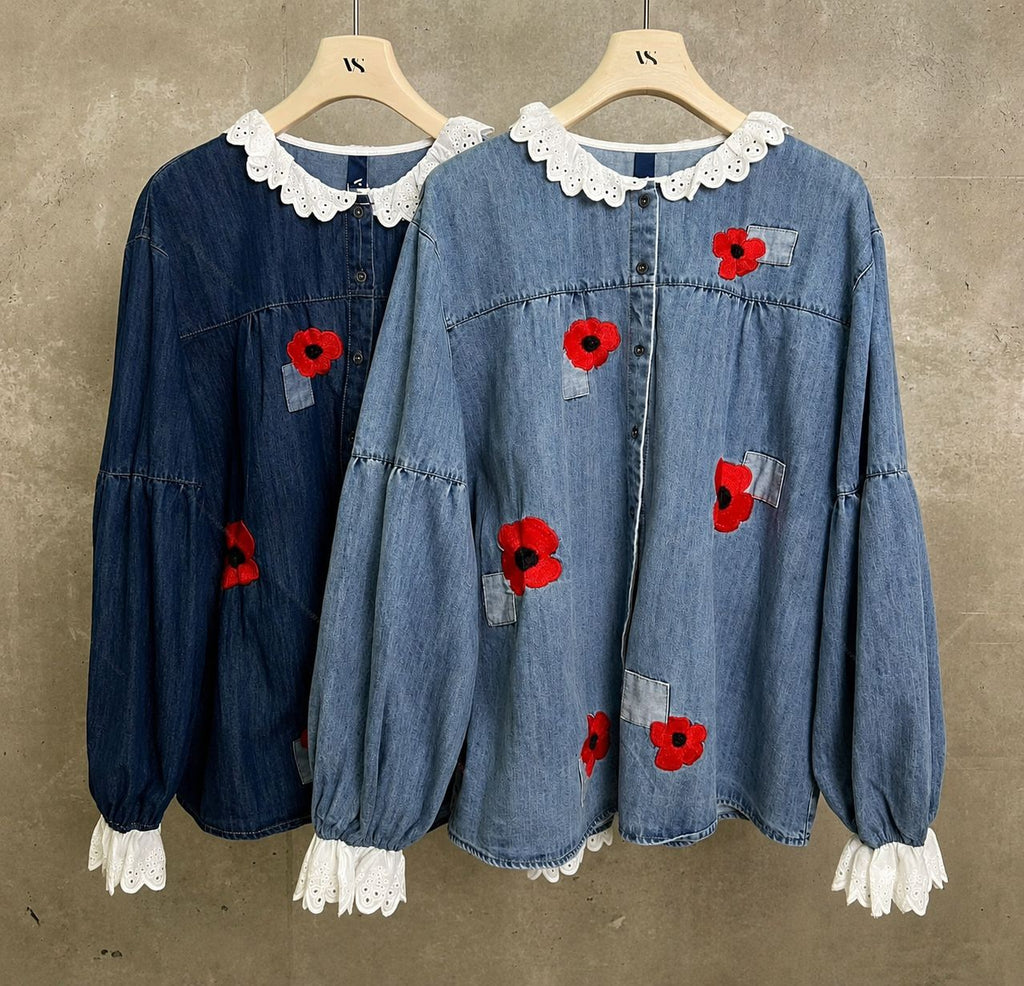 Floral Patchwork Denim Shirt with Lace Collar