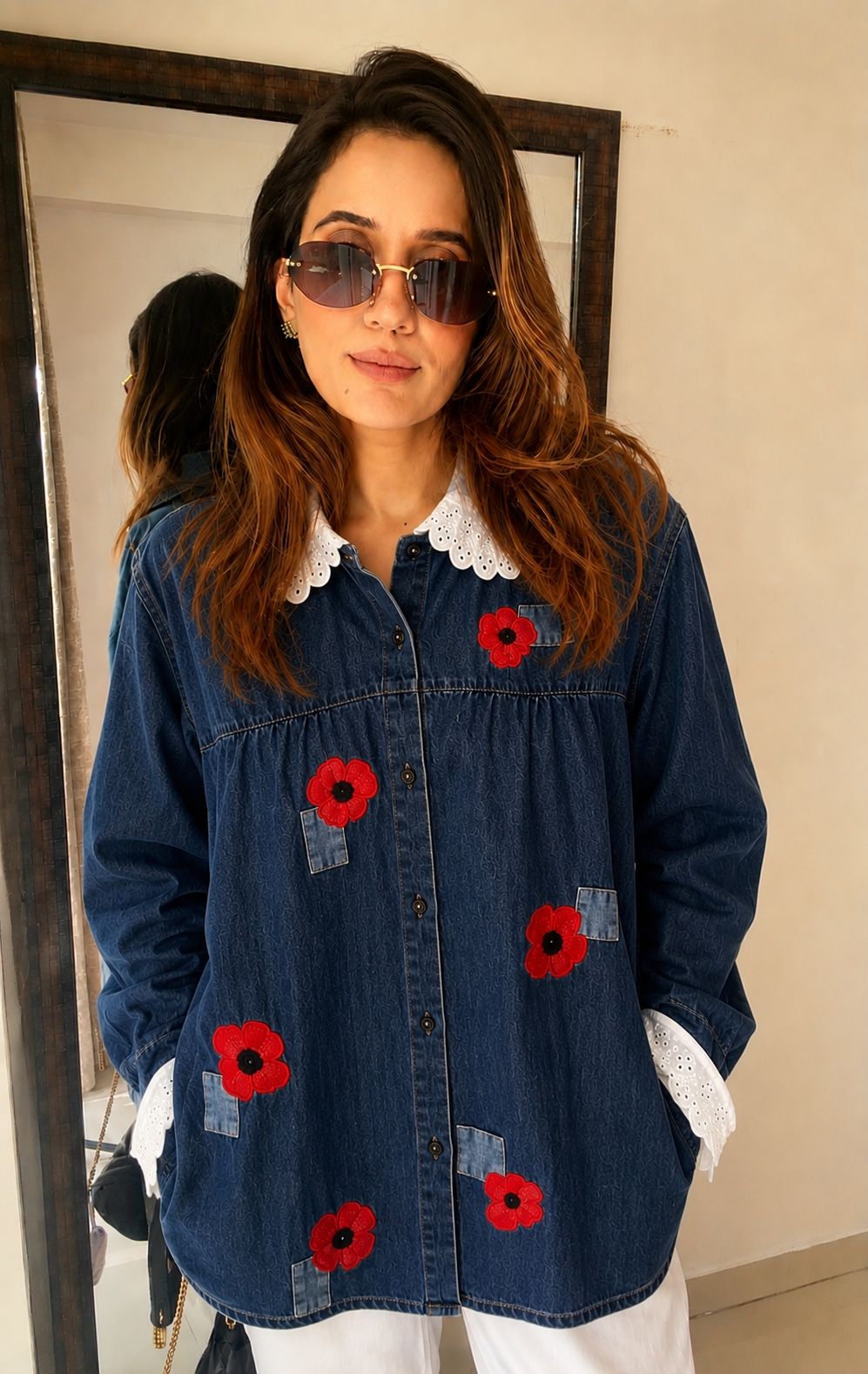 Floral Patchwork Denim Shirt with Lace Collar