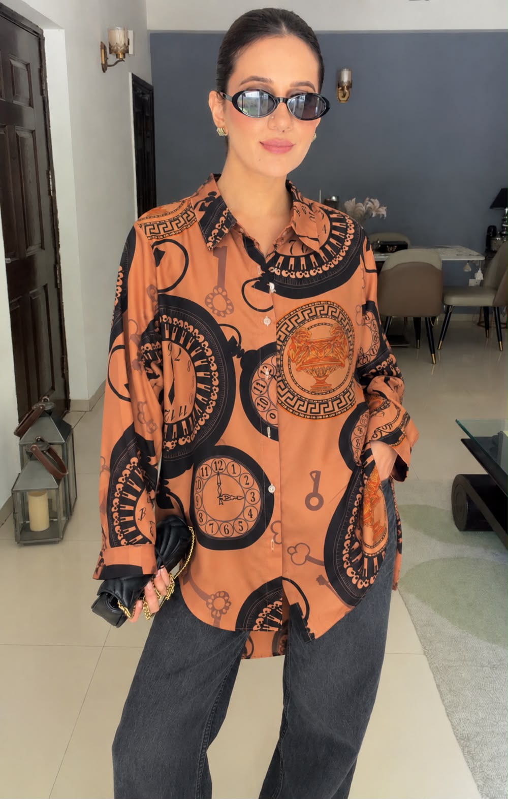 Vintage Clock Print Oversized Shirt