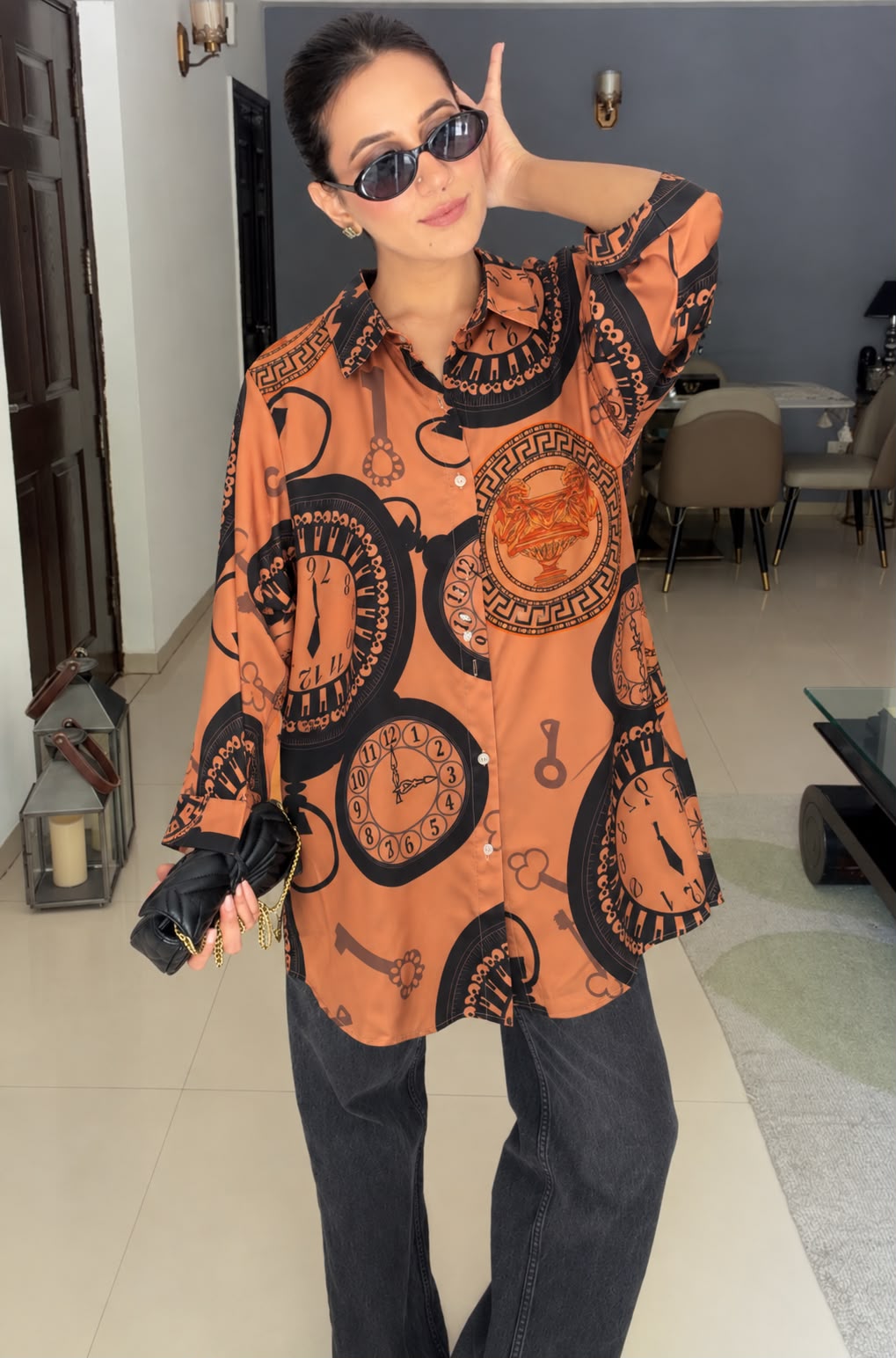 Vintage Clock Print Oversized Shirt