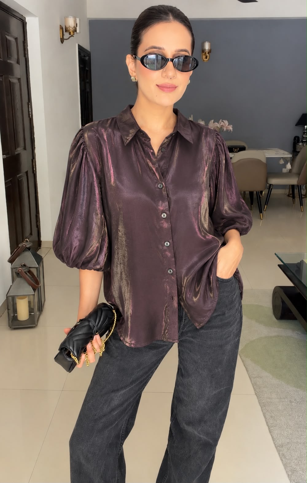 Metallic Puff Sleeve Shirt