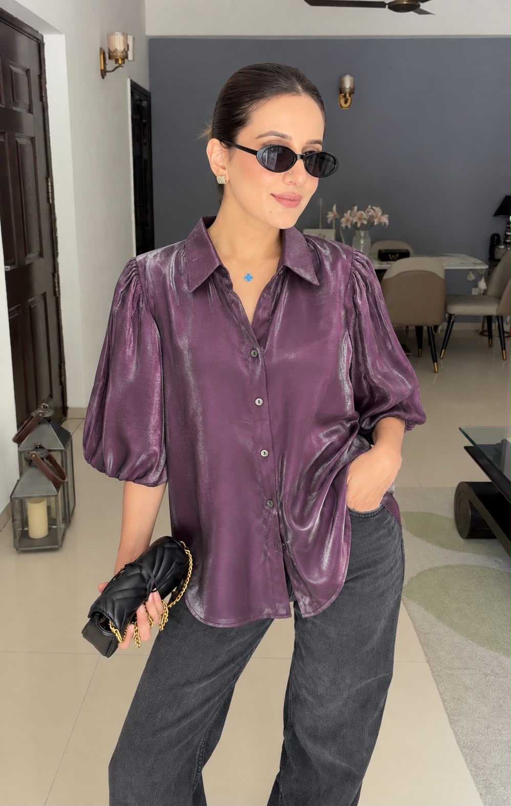 Metallic Puff Sleeve Shirt