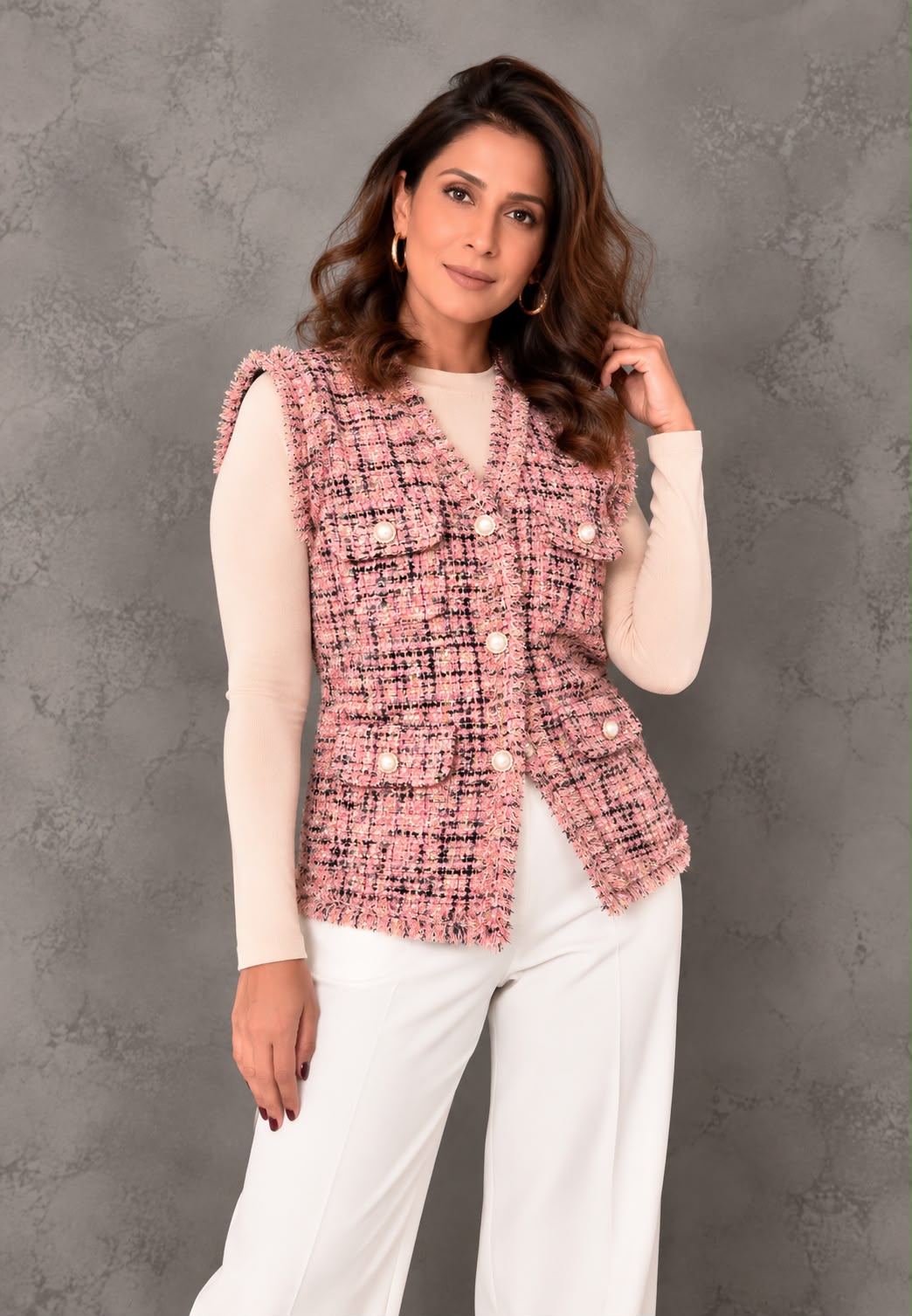 Tweed Frayed Button-Down Vest