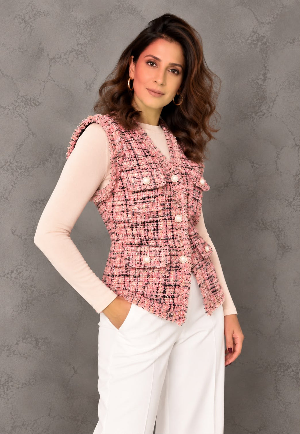 Tweed Frayed Button-Down Vest