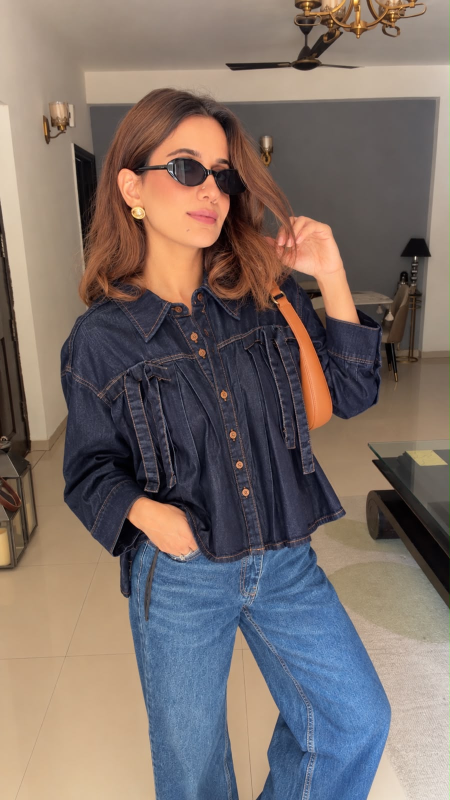 Pleated box denim shirt