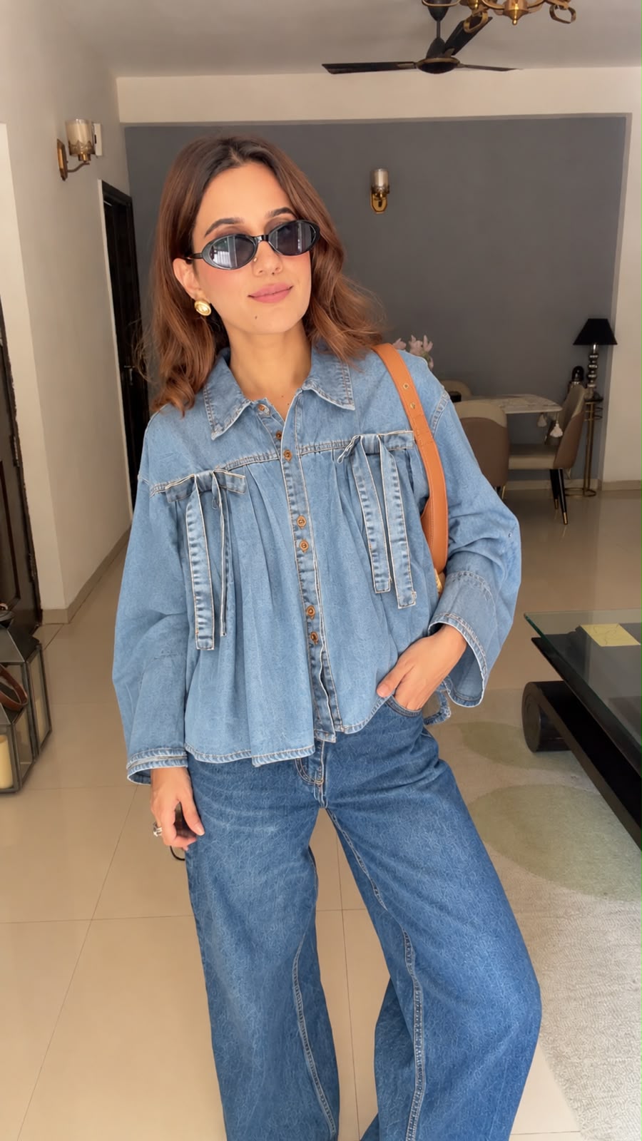 Pleated box denim shirt