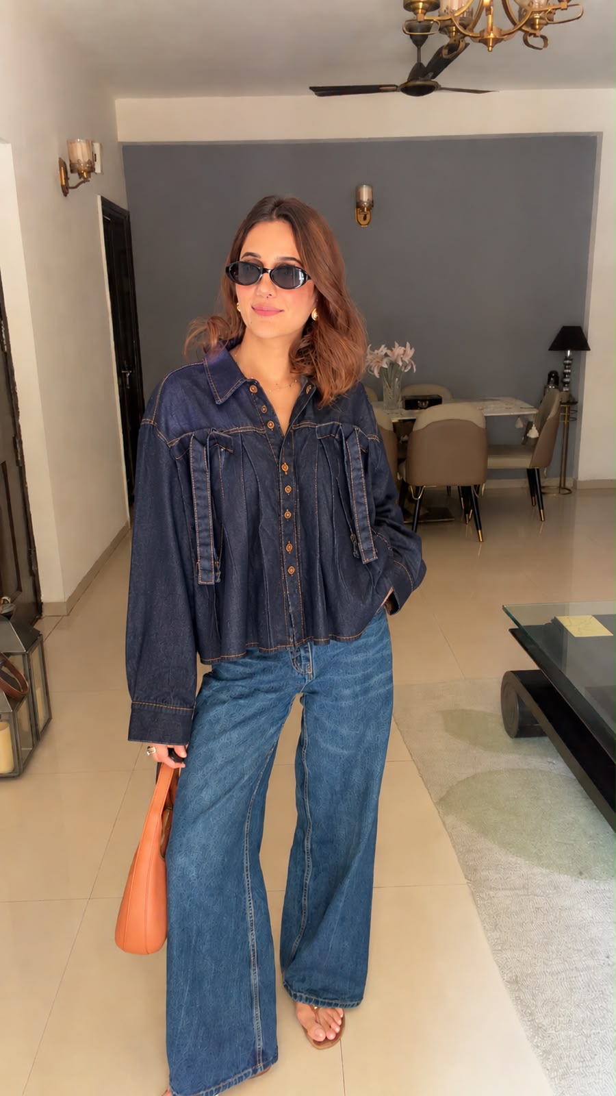 Pleated box denim shirt