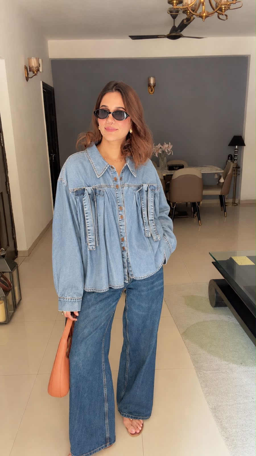 Pleated box denim shirt