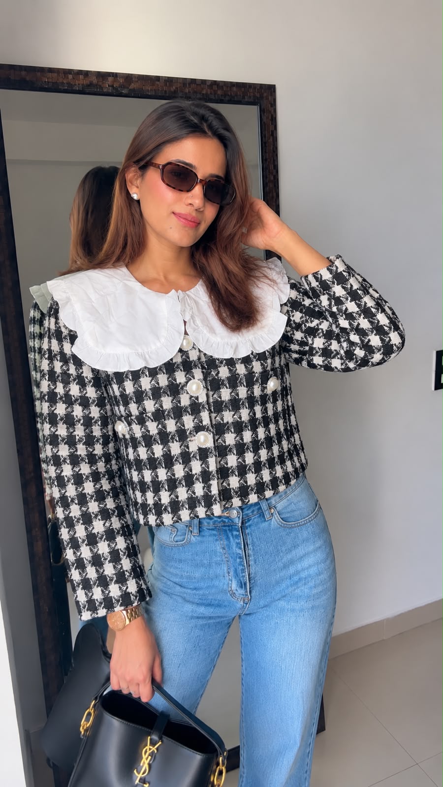 Houndstooth Ruffle Collar Fall Cropped Jacket