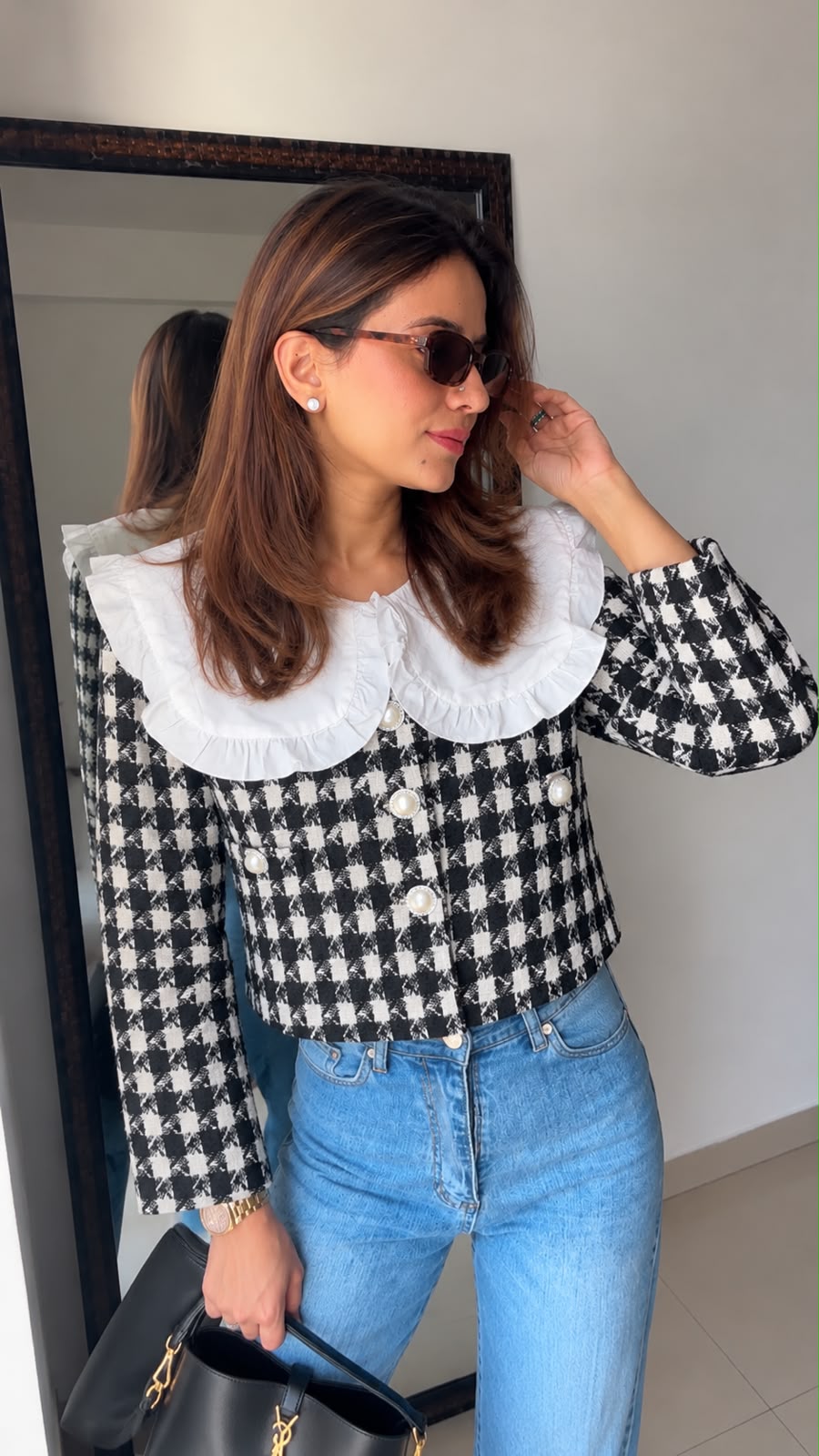 Houndstooth Ruffle Collar Fall Cropped Jacket