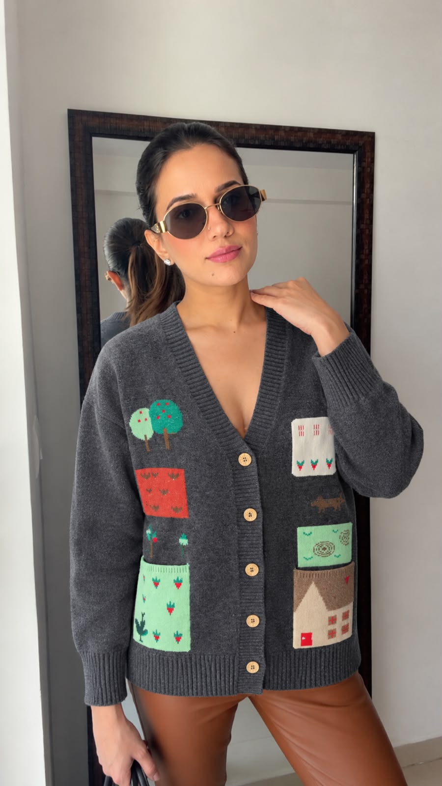 Charcoal Grey Printed Knit Cardigan