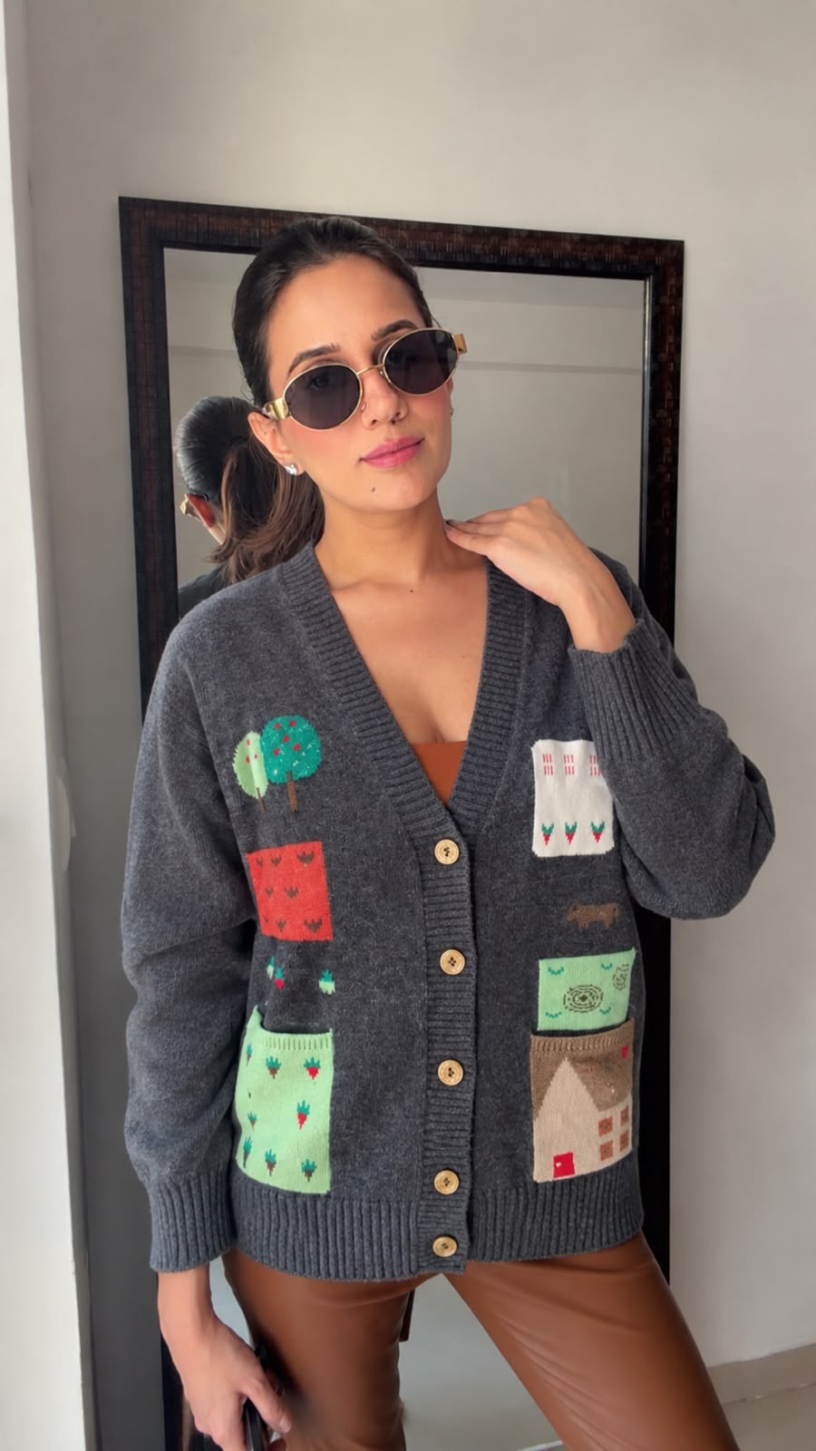 Charcoal Grey Printed Knit Cardigan