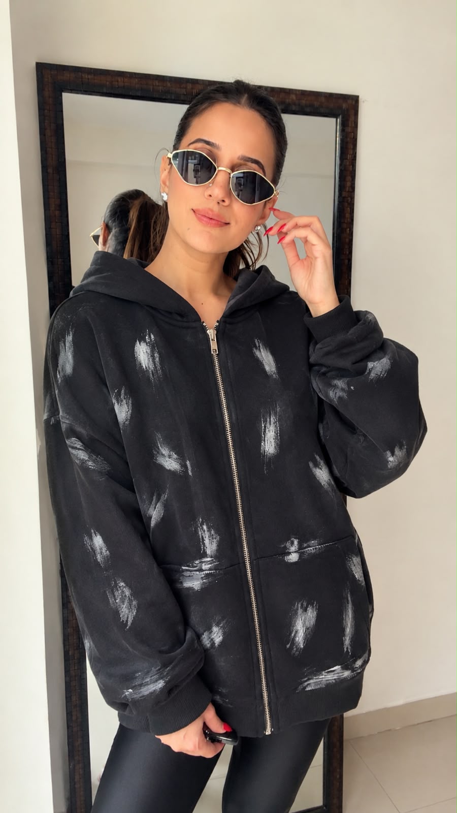 Abstract Print Oversized Zip-Up Hoodie