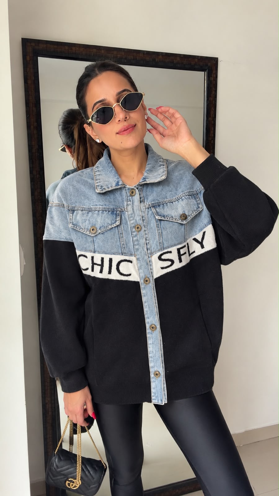 Denim Panel Oversized Knit Jacket