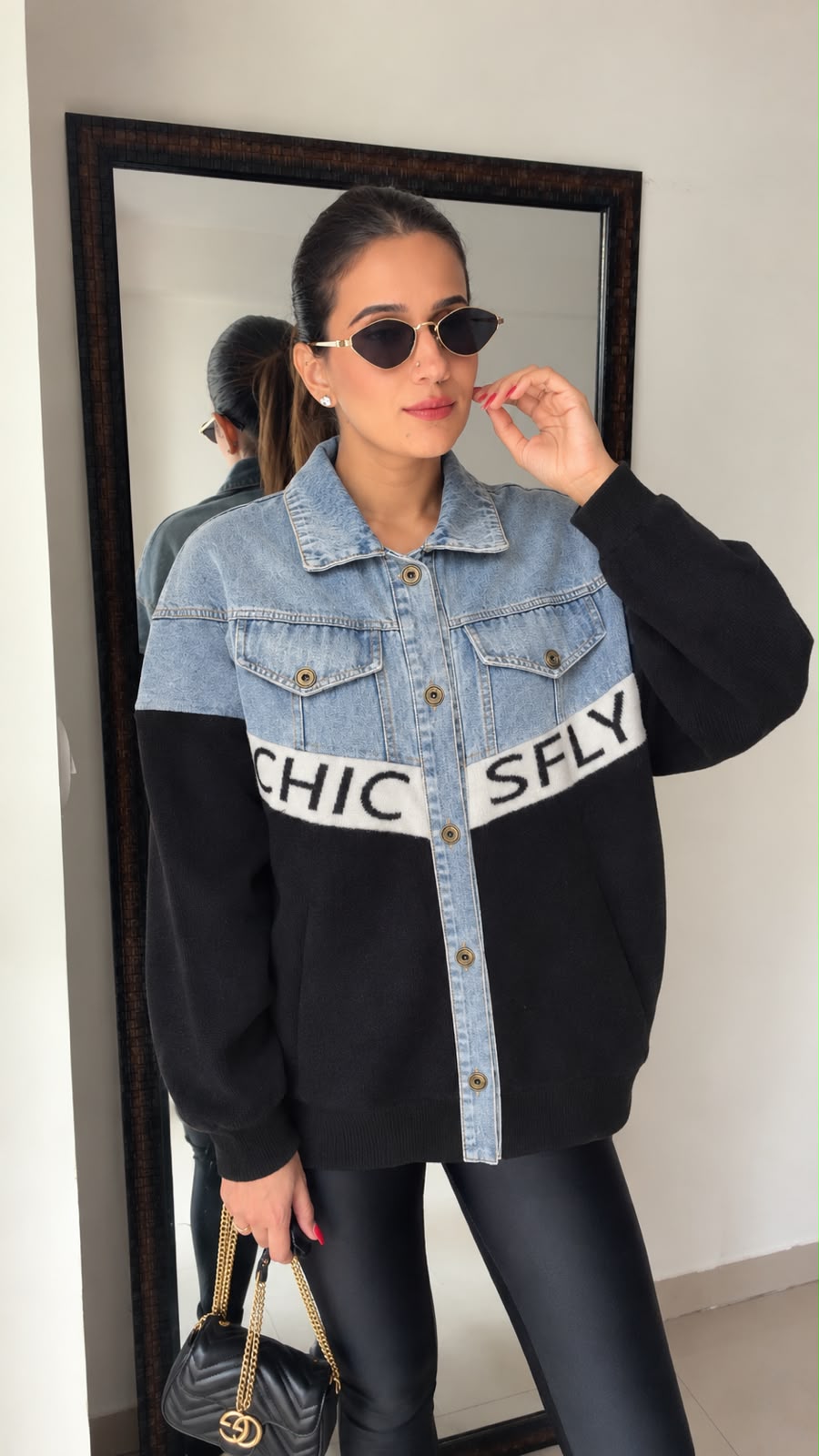 Denim Panel Oversized Knit Jacket