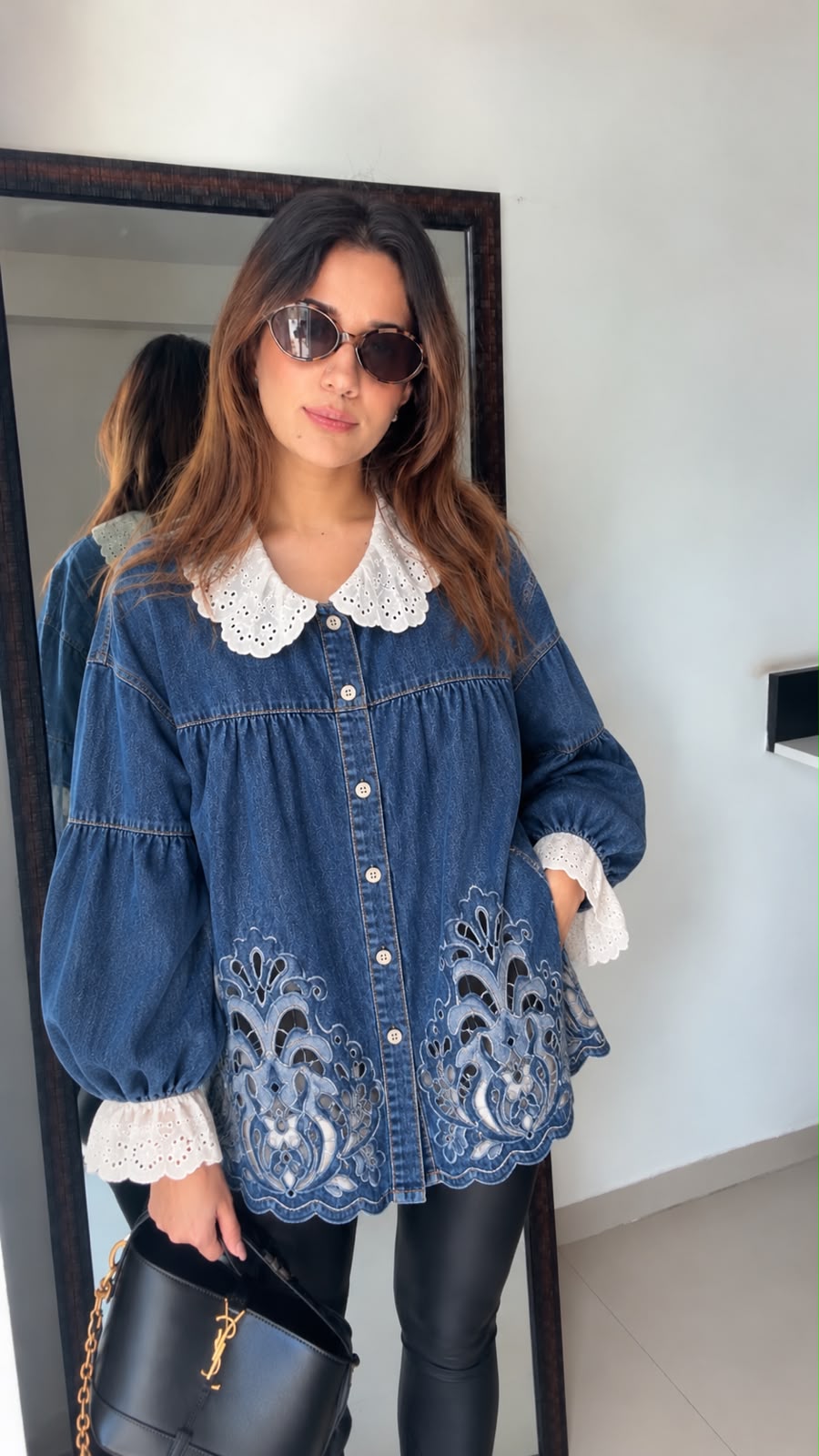 Embroidered Denim Shirt Jacket with Eyelet Lace Collar