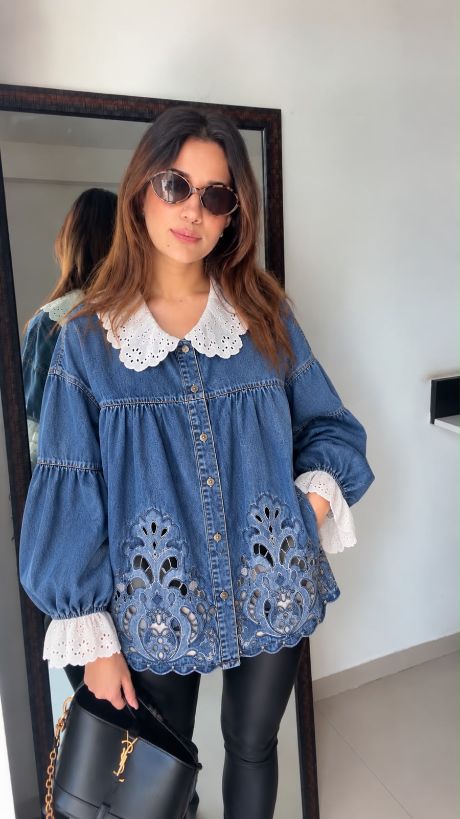 Embroidered Denim Shirt Jacket with Eyelet Lace Collar
