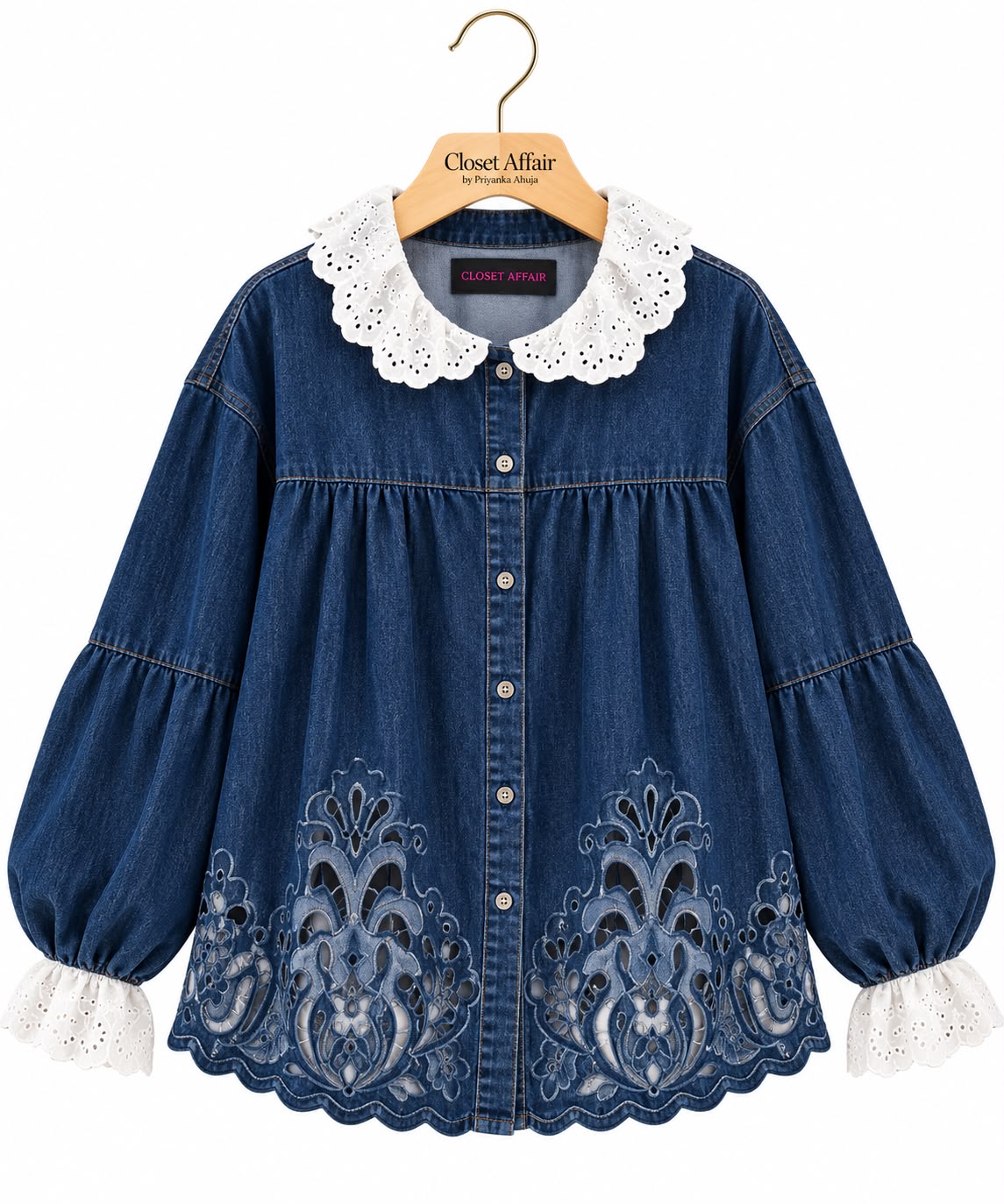 Embroidered Denim Shirt Jacket with Eyelet Lace Collar