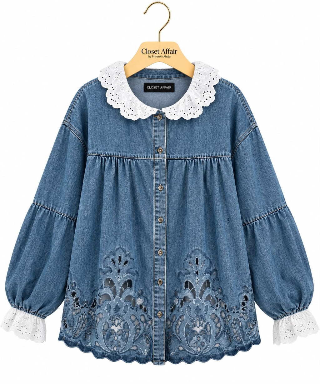 Embroidered Denim Shirt Jacket with Eyelet Lace Collar