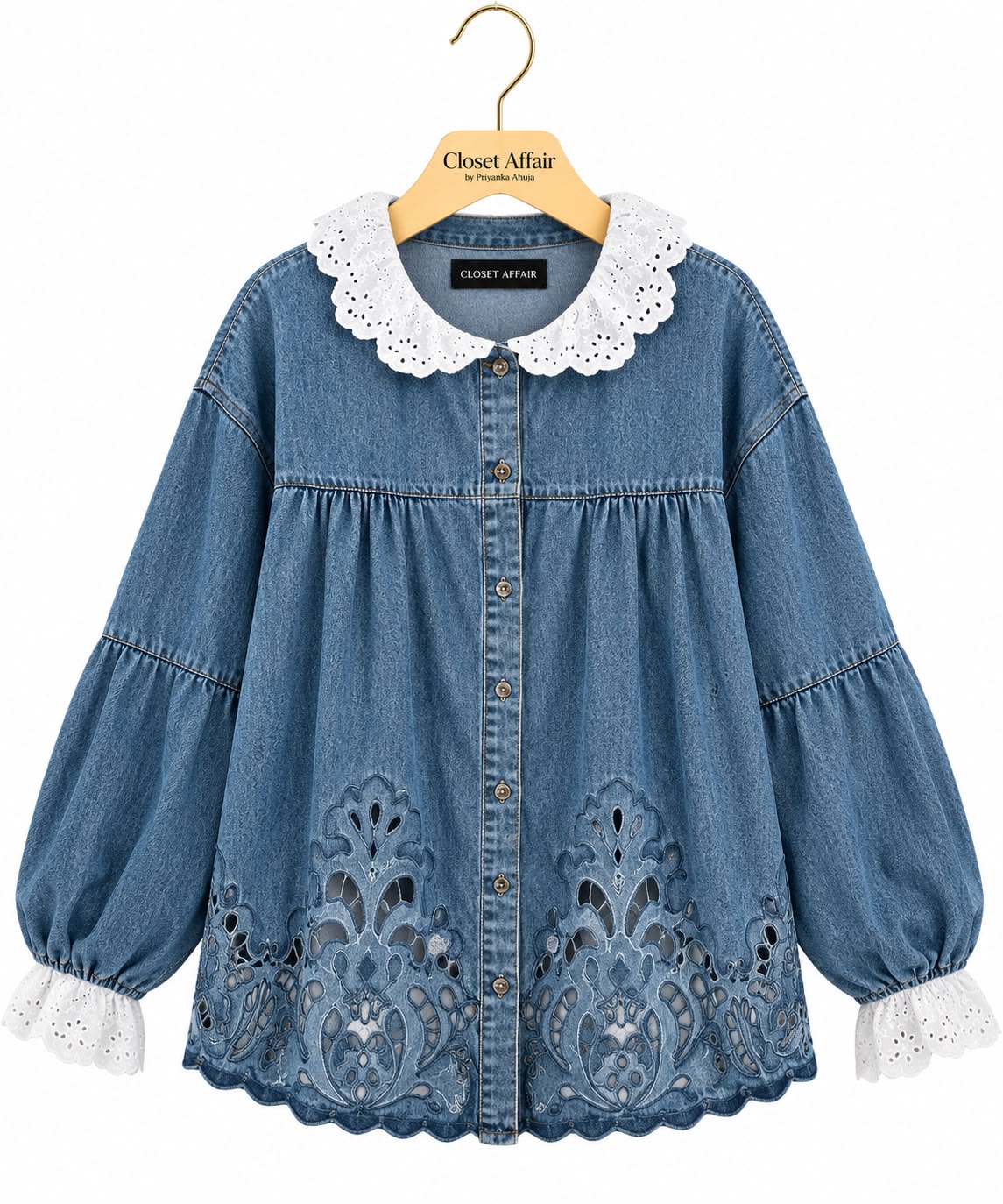 Embroidered Denim Shirt Jacket with Eyelet Lace Collar