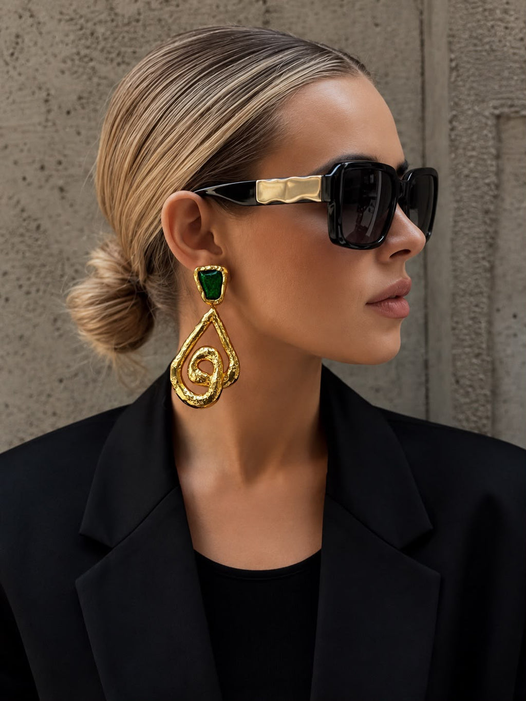 Emerald Accent Sculptural Gold Drop Earrings