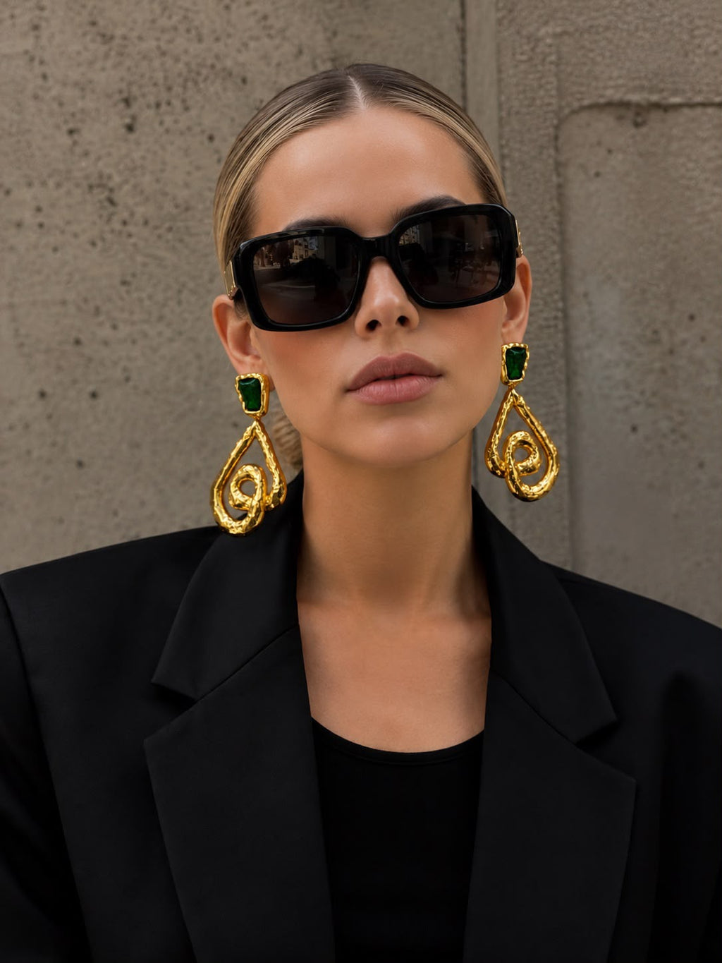 Emerald Accent Sculptural Gold Drop Earrings
