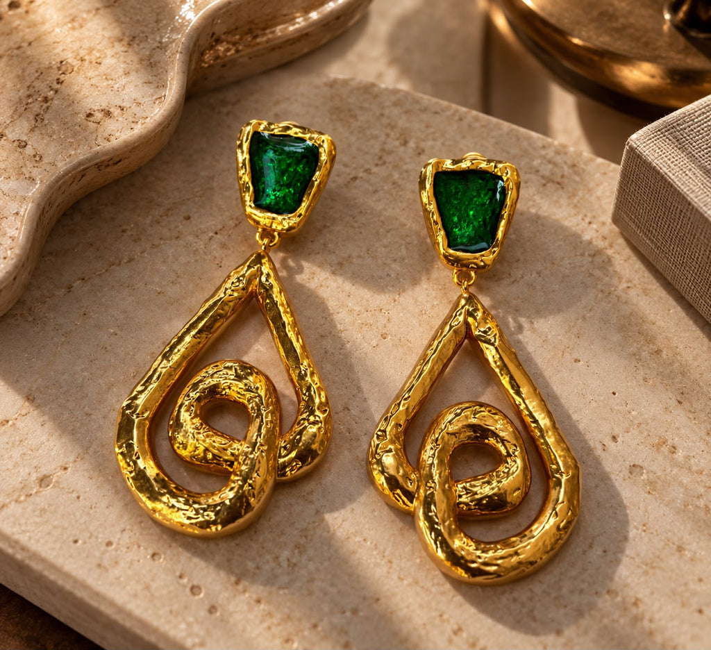 Emerald Accent Sculptural Gold Drop Earrings
