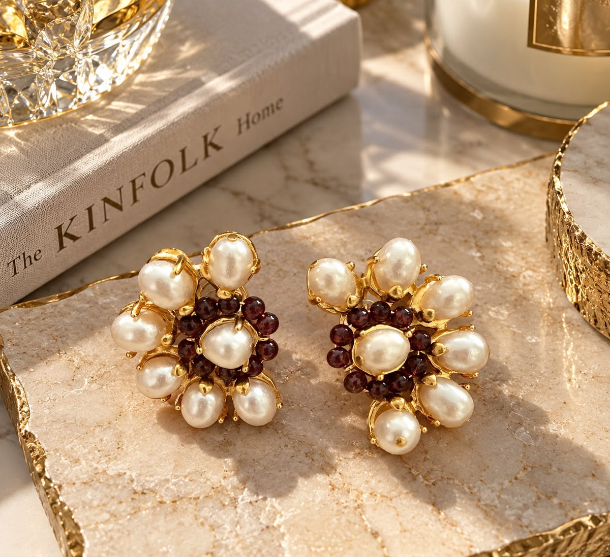 Pearl & Burgundy Stone Stud Earrings