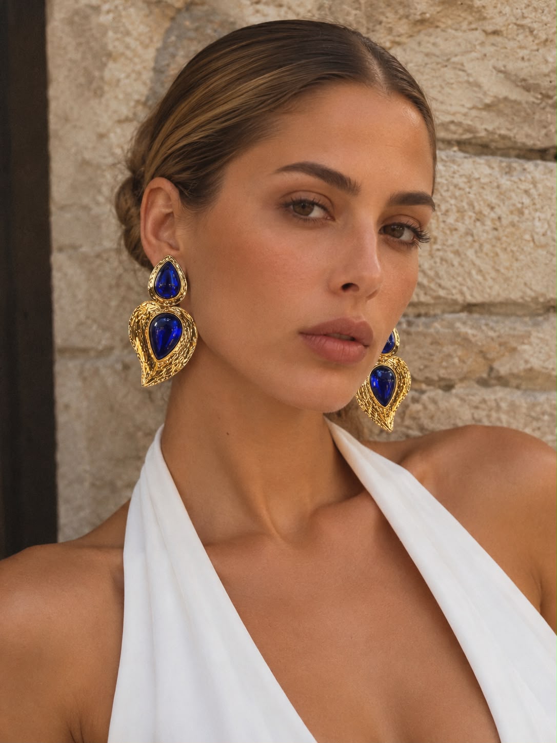 Royal Blue Stone Gold Statement Earrings