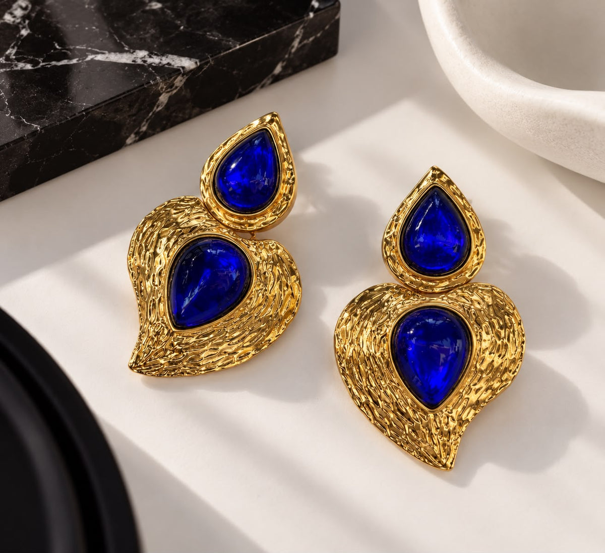 Royal Blue Stone Gold Statement Earrings